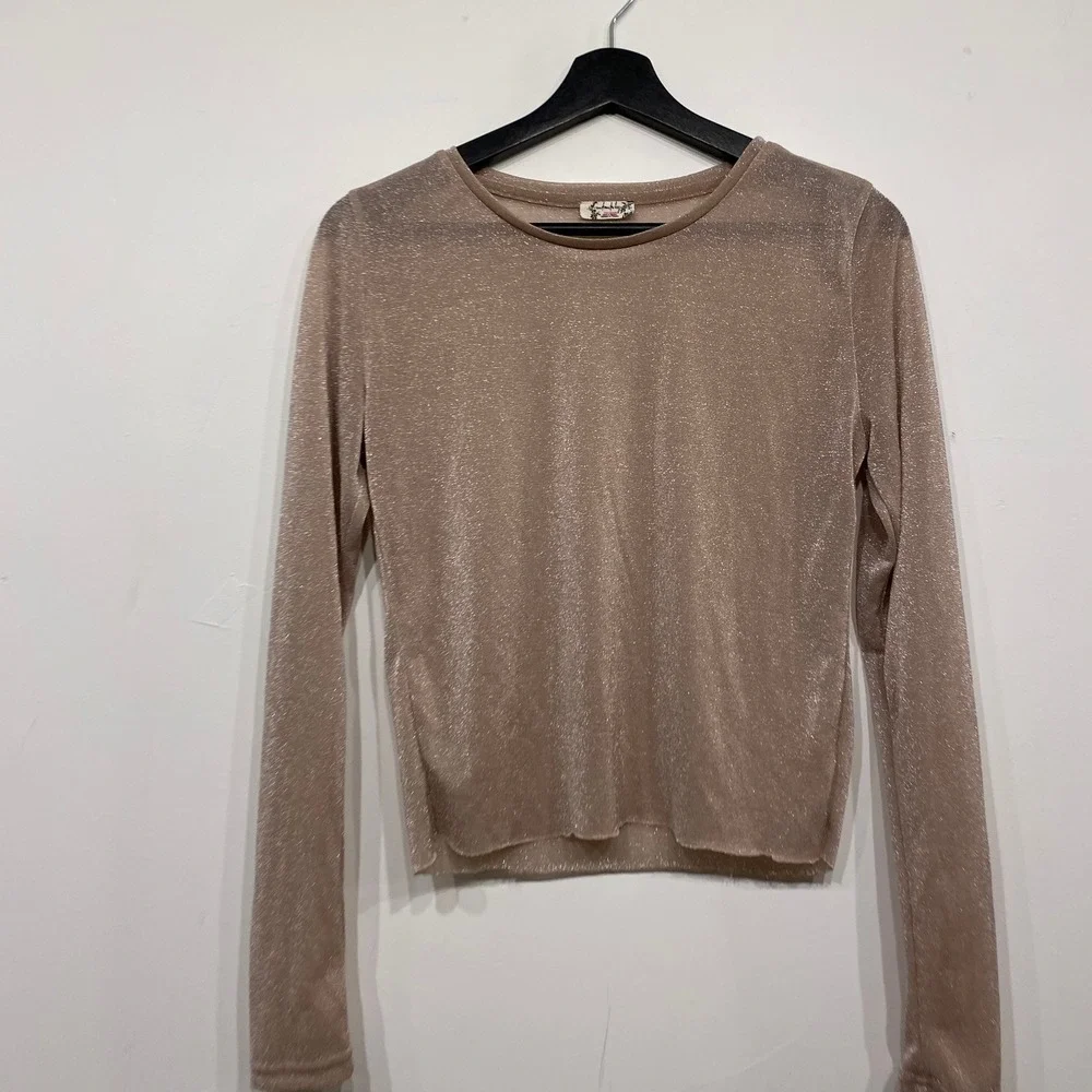 Free People Intimately Metallic Shimmer Long Sleeve Top Champagne Rose Gold M
